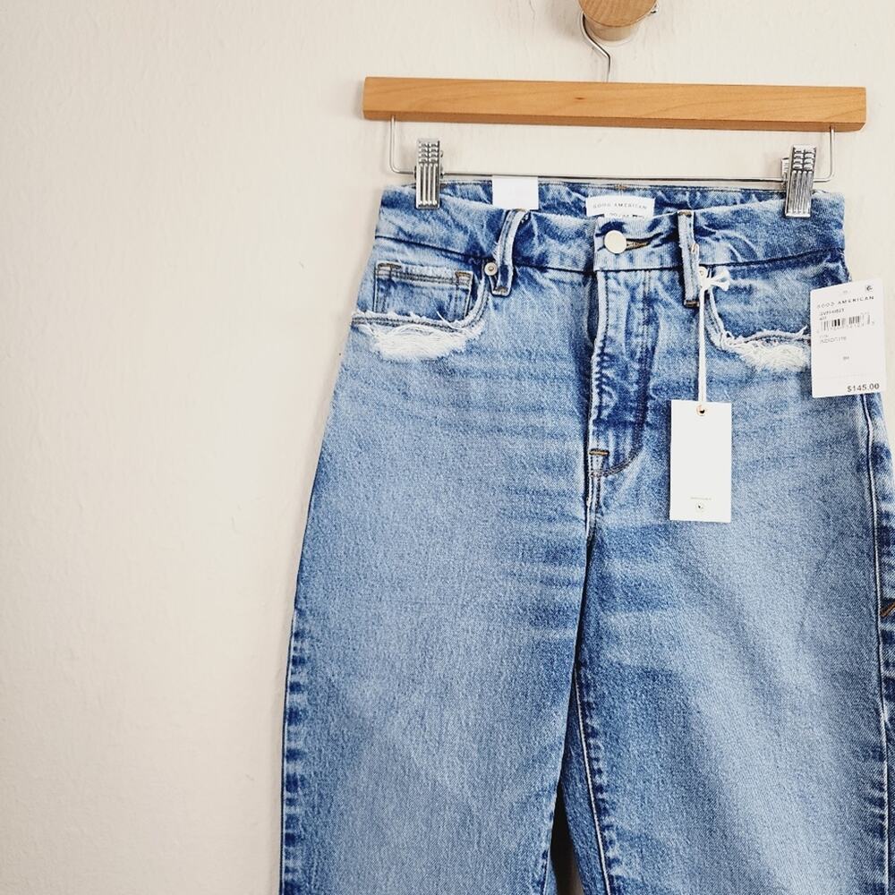 NWT Good American Good Vintage High Rise Straight Jeans 00 24 Raw Hem Indigo - Picture 2 of 10